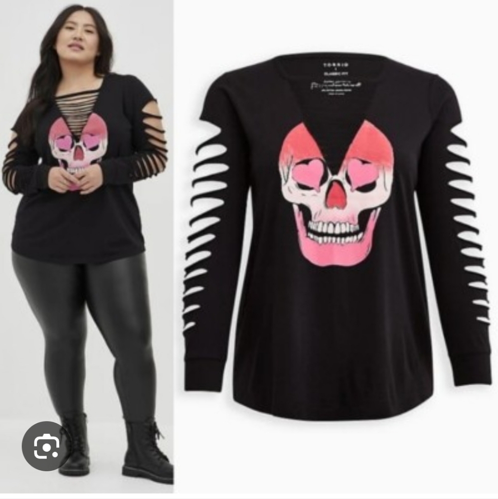 Torrid 2X Skull Ripped Sleeves Top Goth Slashed Punk Blouse Cut Out Pink NEW